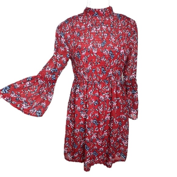Mini Dress Boho Floral Smocked Semi Sheer Bell Sleeve Red Small City Triangles - Picture 1 of 17